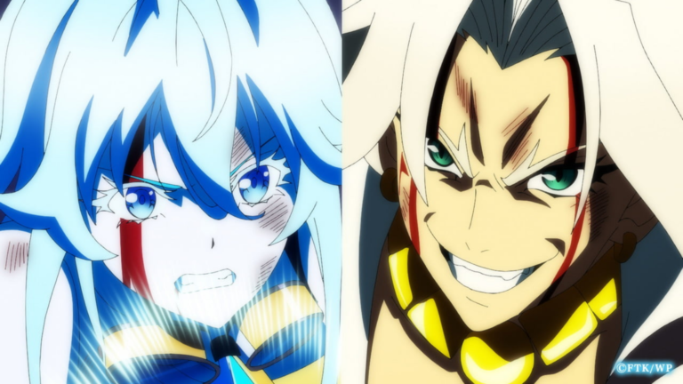 Elfaria e Zeo encarando-se em confronto na prévia do Episódio 11 de Wistoria Wand and Sword