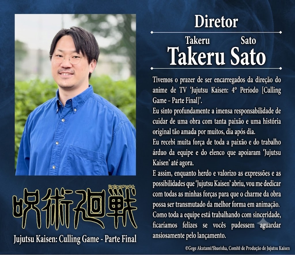 Takeru Sato, novo diretor de Jujutsu Kaisen Temporada 4 Culling Game Parte 2