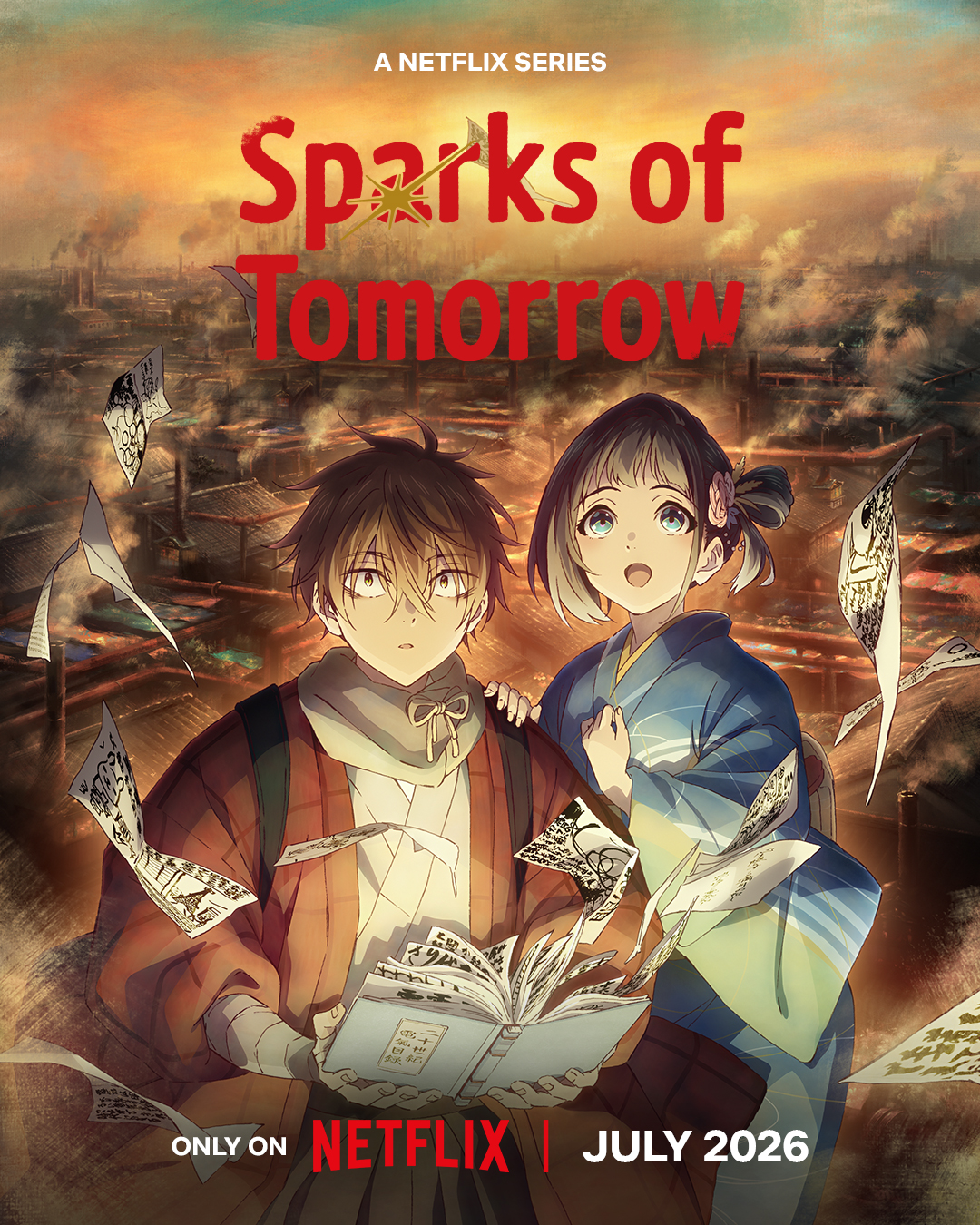 Pôster oficial de A Luz do Futuro (Sparks of Tomorrow) com os protagonistas Kihachi e Inako