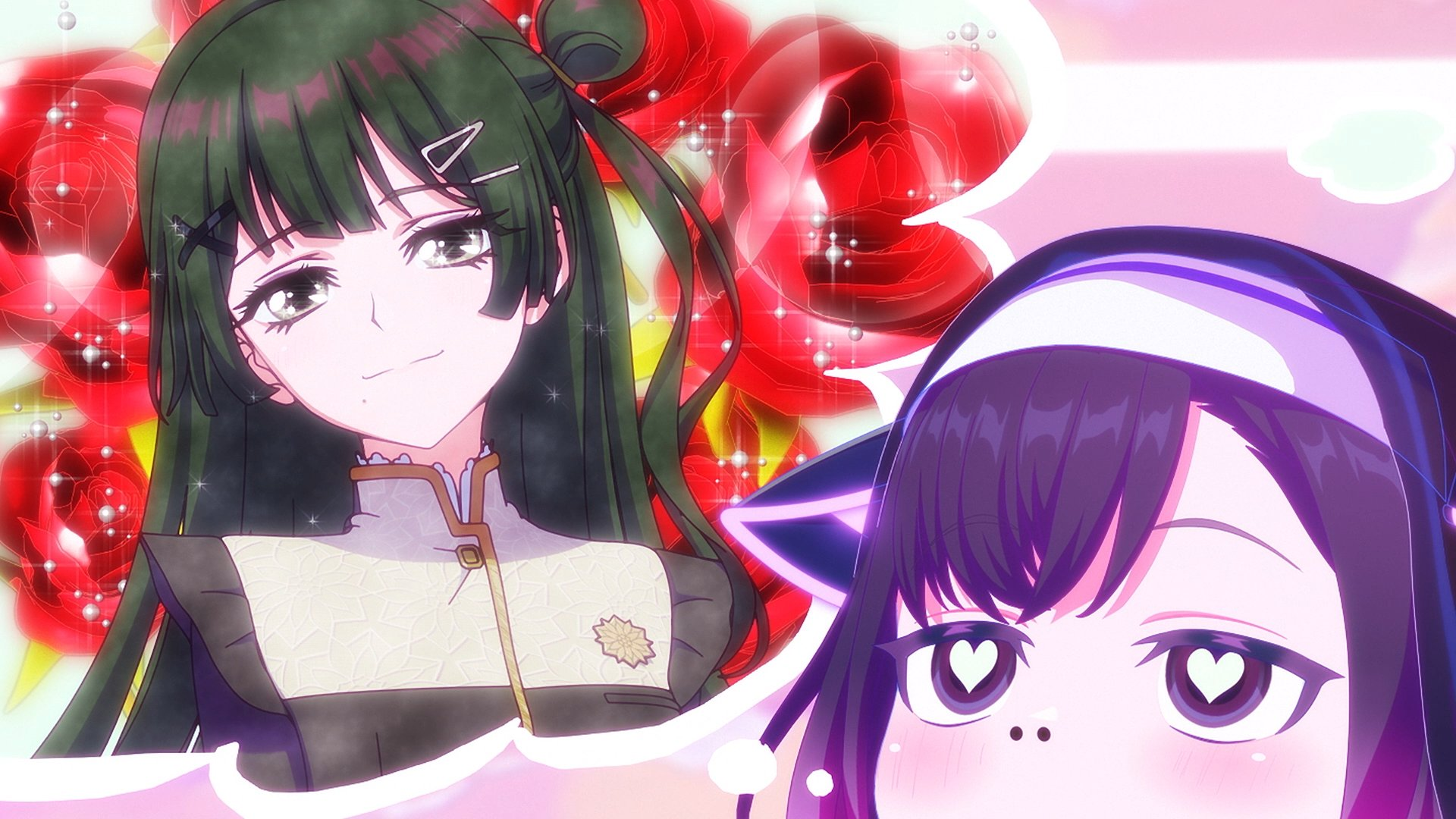 Duas integrantes da MewType, uma de cabelo verde e outra de cabelo roxo, em cena emocional na prévia do Episódio 7 de BanG Dream YUME MITA