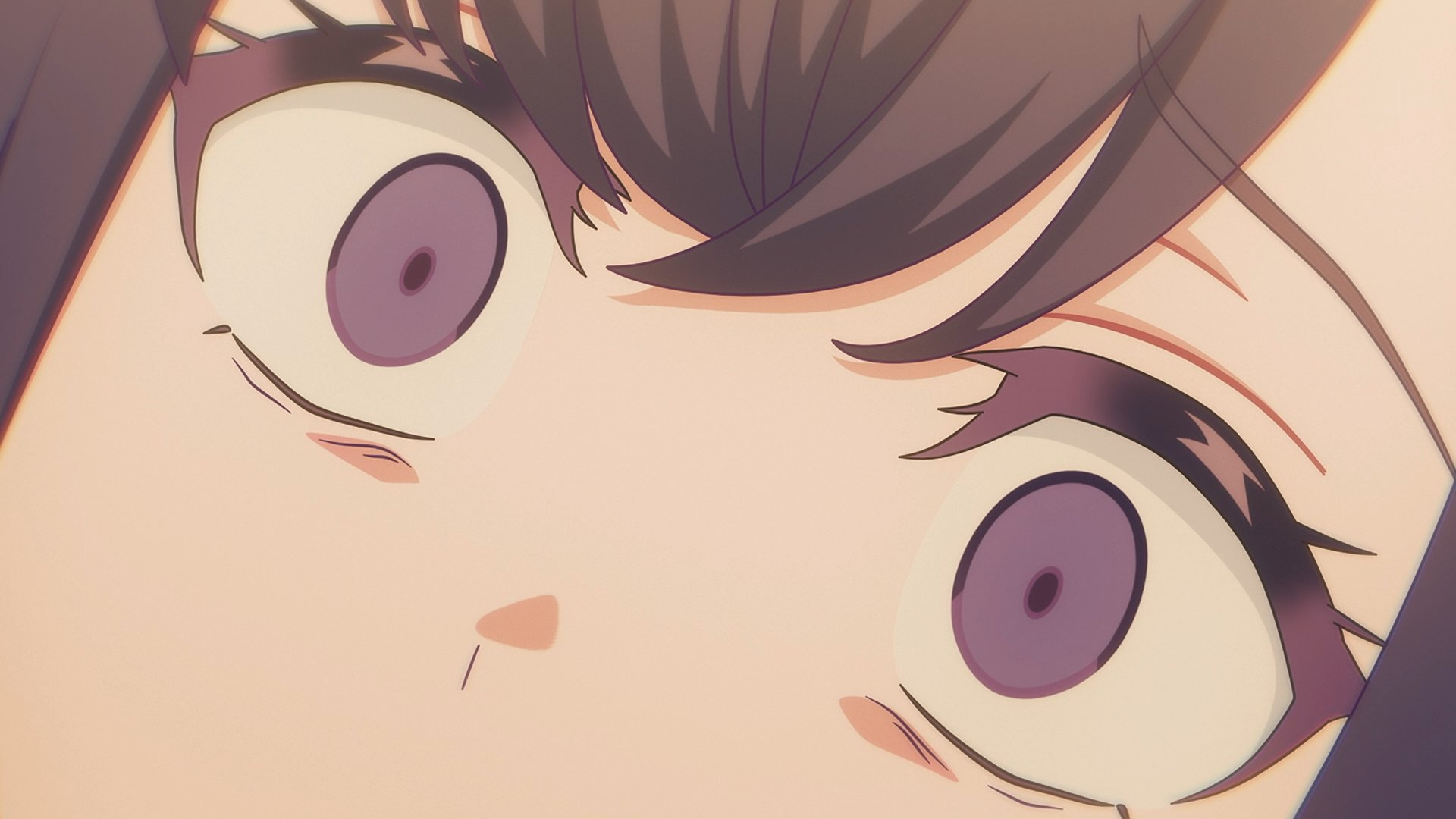 Close-up dos olhos de uma integrante de cabelo castanho em expressão de surpresa na prévia do Episódio 7 de BanG Dream YUME MITA
