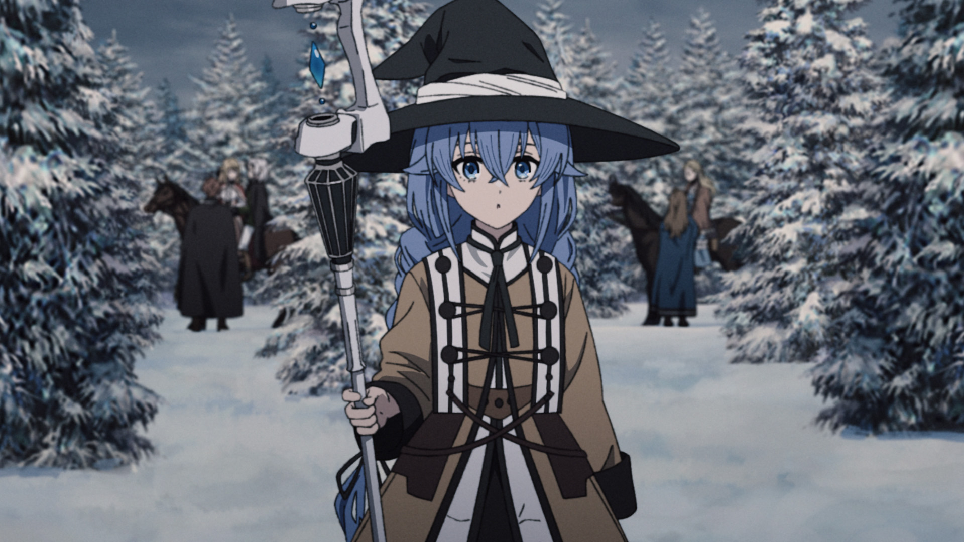 Roxy Migurdia com chapéu de bruxa e cajado em cena de neve na prévia do Episódio 5 da 3ª temporada de Mushoku Tensei