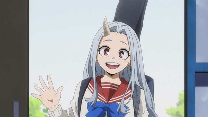 Eri com uniforme escolar acenando em cena da prévia do curta de My Hero Academia