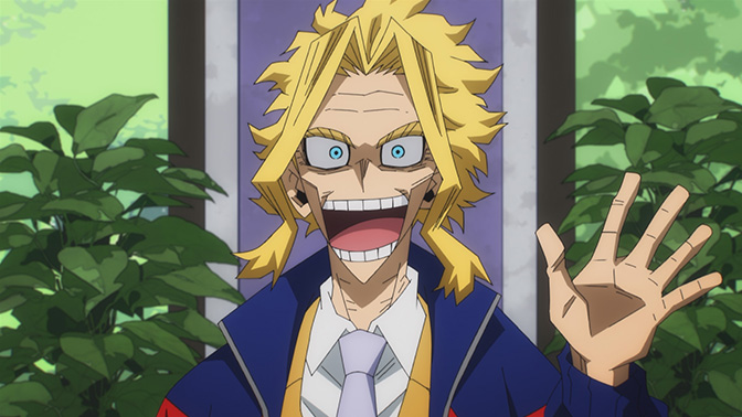 All Might sorrindo e acenando em cena da prévia do curta de Eri de My Hero Academia