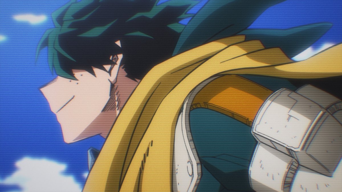 Izuku Midoriya aparecendo em transmissão de televisão em cena da prévia do curta de Eri de My Hero Academia