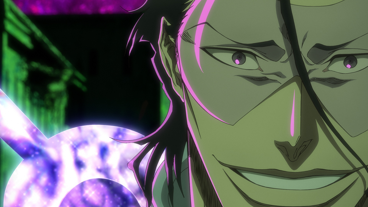 Vilão sorrindo de forma ameaçadora em cena da prévia do Episódio 42 de Bleach TYBW