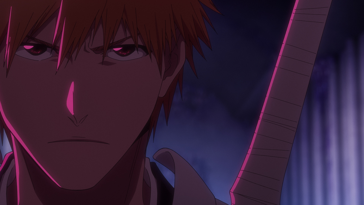 Close-up de Ichigo Kurosaki com expressão séria empunhando sua espada na prévia do Episódio 42 de Bleach TYBW
