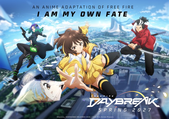 Visual principal de Free Fire Daybreak com os personagens Kelly, Hayato e Moco sobre uma cidade futurista