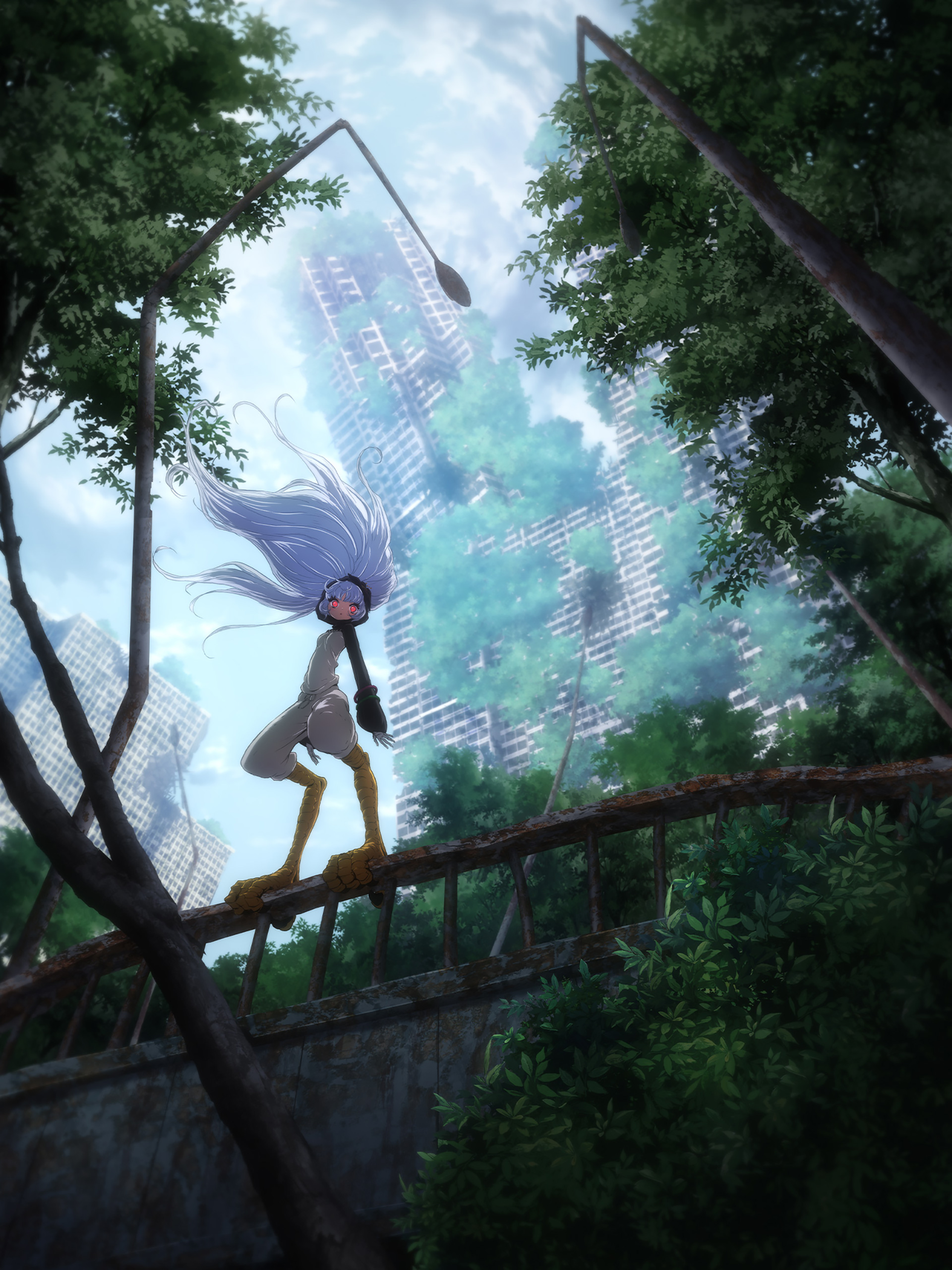 Visual teaser do anime Tsugumi Project com a garota de garras e cenário pós-apocalíptico