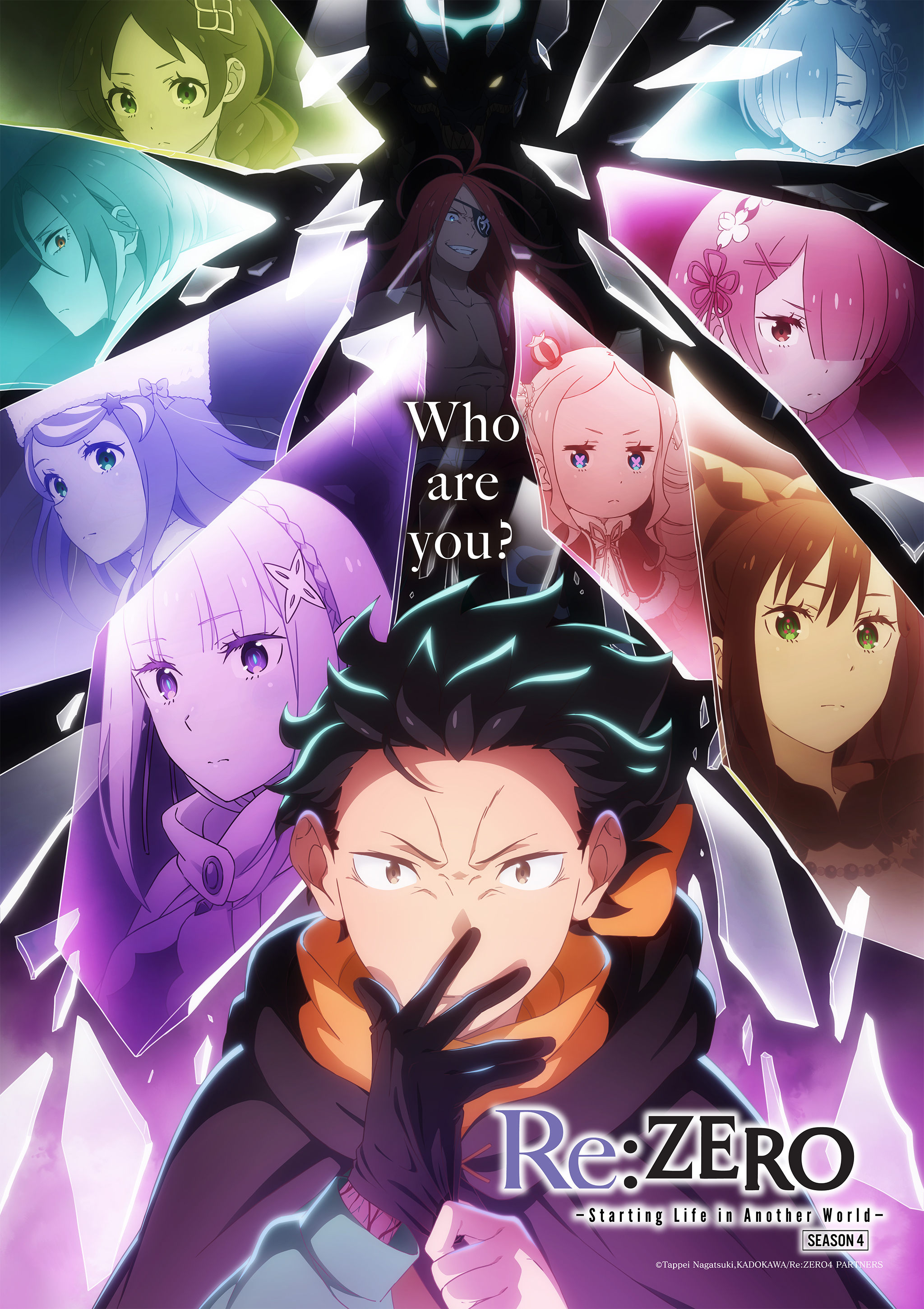 Key visual da 4ª temporada de Re:ZERO com o elenco principal e a frase Who are you?