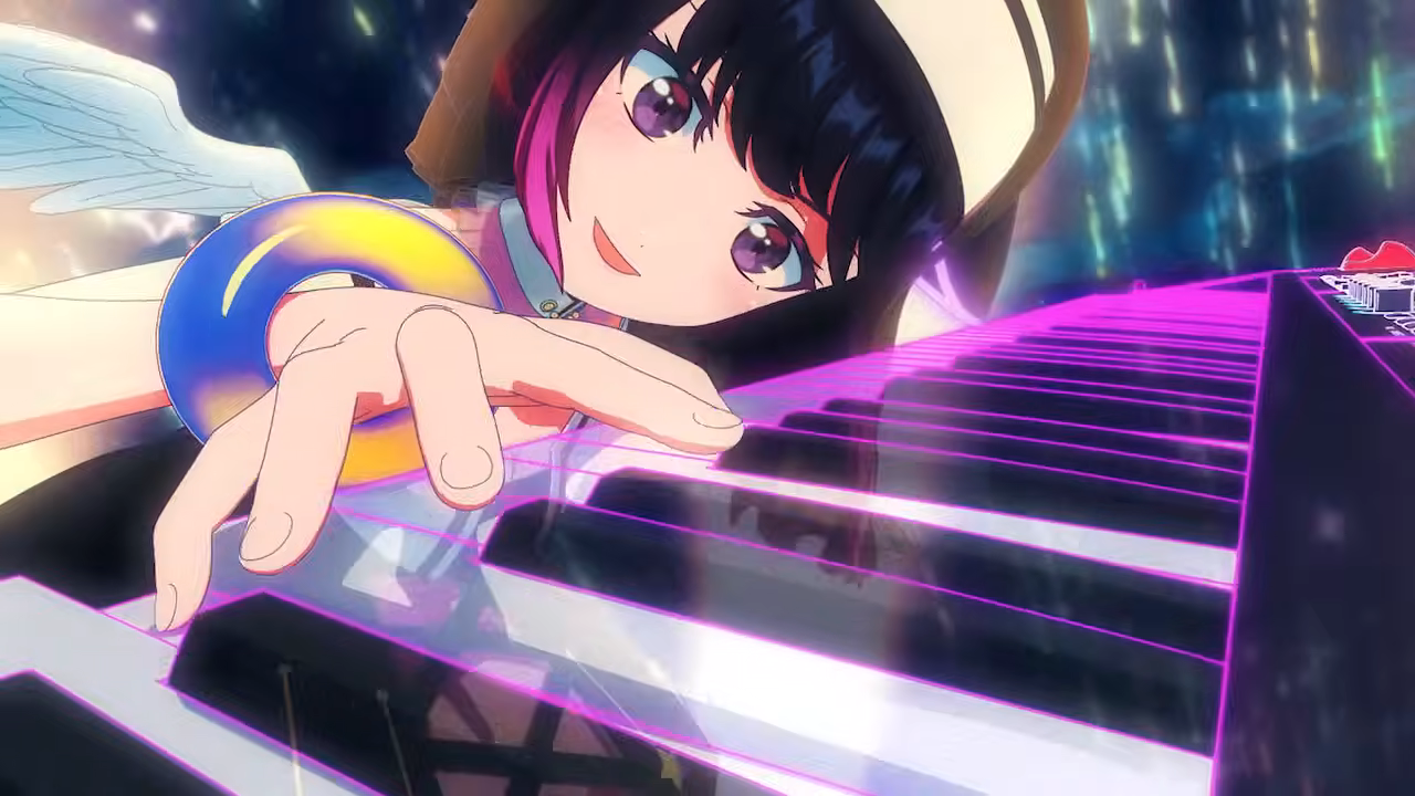 Integrante da MewType tocando teclado em cena de show no Episódio 7 de BanG Dream YUME MITA