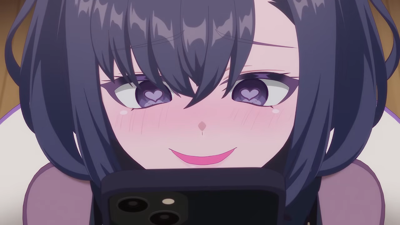 Miyako com os olhos em formato de coração olhando para o celular em cena do Episódio 7 de BanG Dream YUME MITA