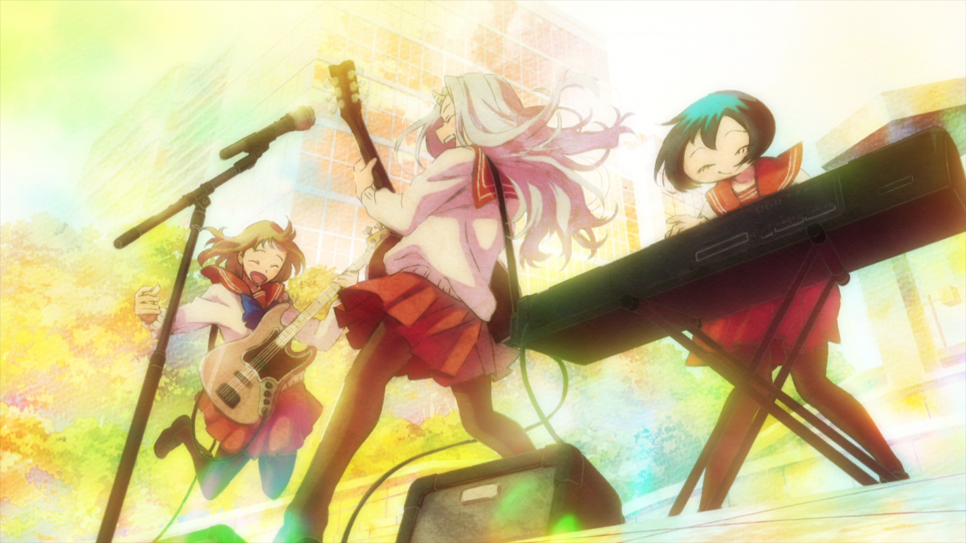 Kyoka Jiro se apresentando com a banda no Festival Escolar da U.A. High School, cena original de My Hero Academia