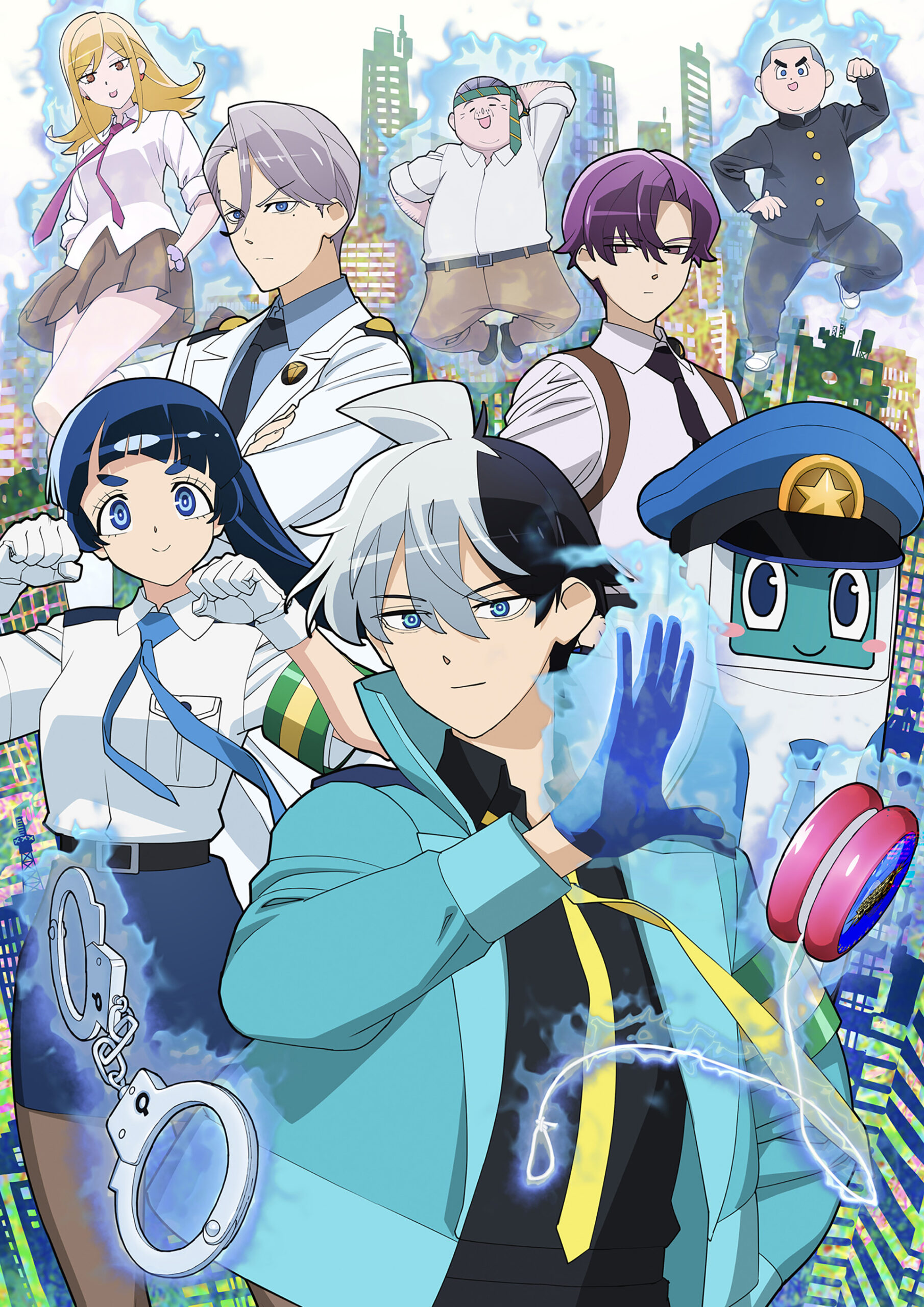 Chojo e Ippongi no key visual do anime Super Psychic Policeman Chojo